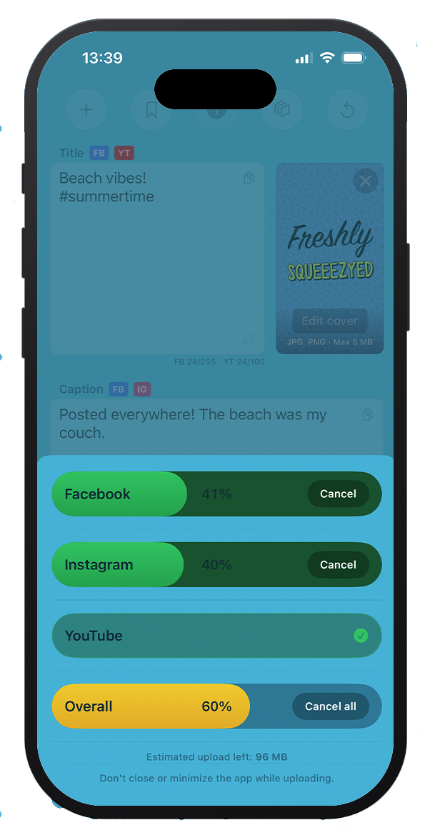 Squeeezy on iPhone uploading to Facebook, Instagram, and YouTube