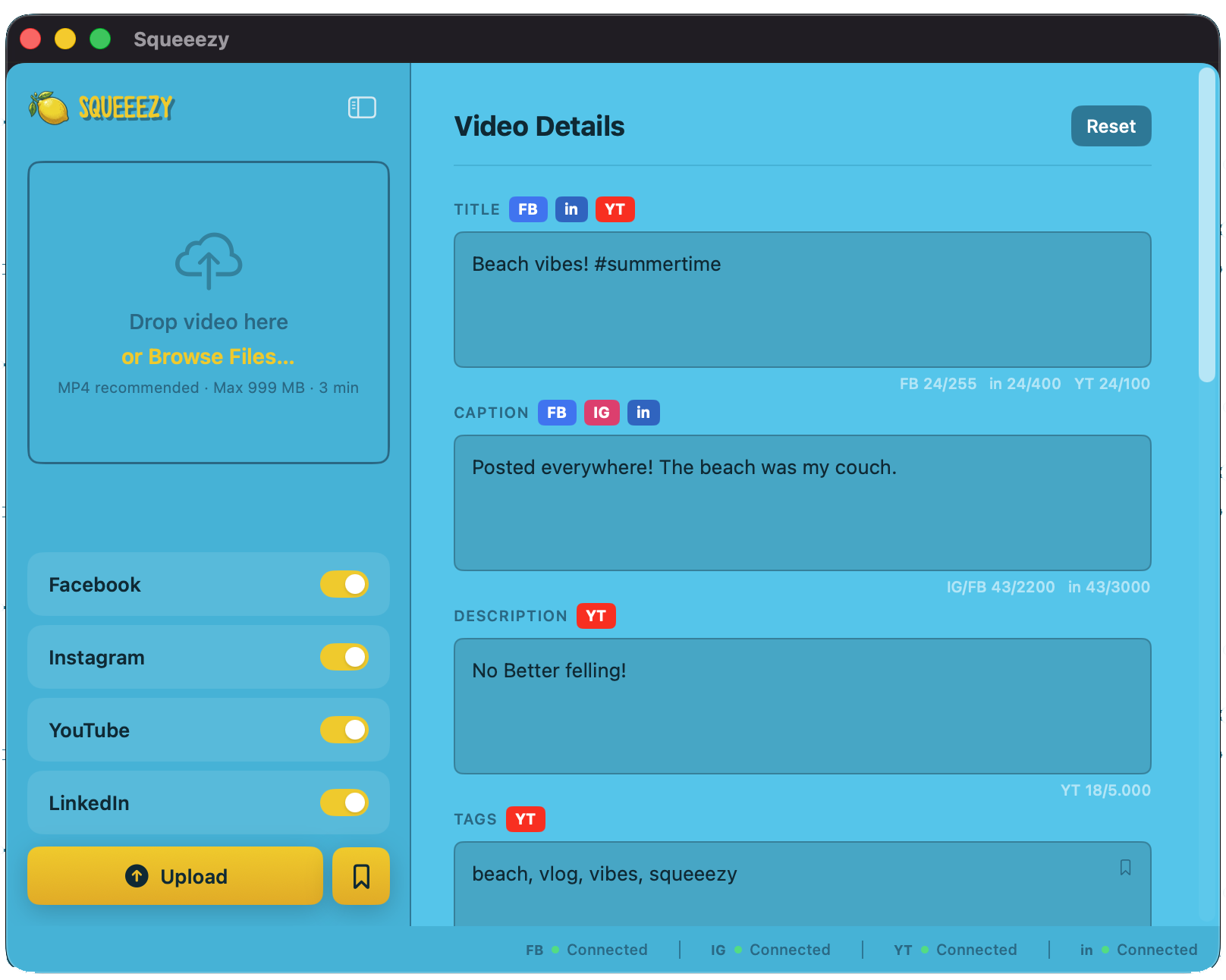 Squeeezy on Mac with video details for Facebook, Instagram, YouTube, and LinkedIn